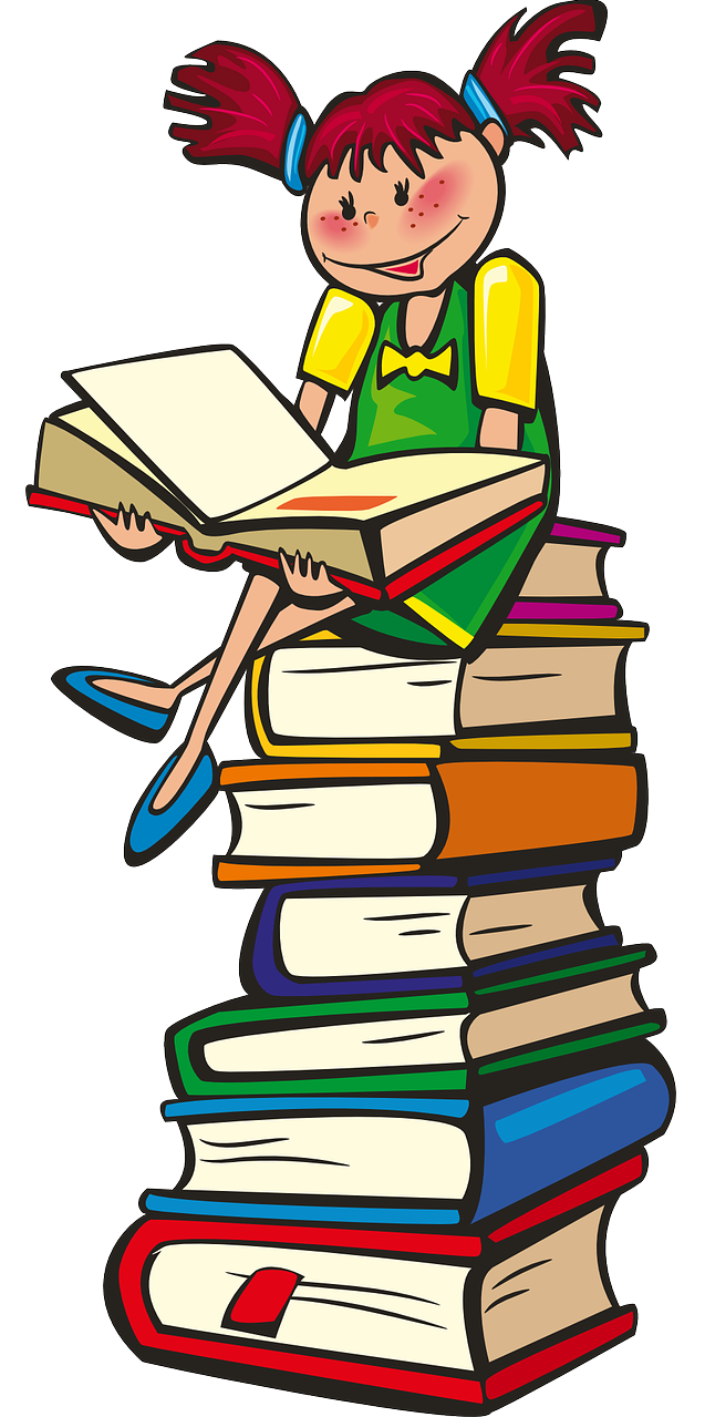 Grafik eines Kindes auf Bücherstapel sitzend
