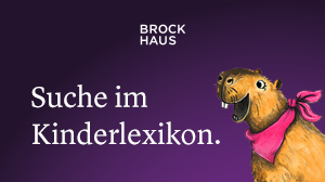 Lila hinterlegter Schriftzug: "Brockhaus - Suche im Kinderlexikon" und gezeicheter  Biber mit pinkem Halstuch als Logo für die Enzyklopädie für Kinder