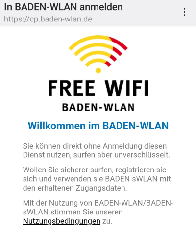 Screenshot vom Smartphone - Baden-WLAN-Anmeldeseite